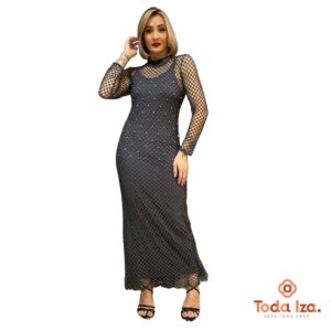 Vestido Midi com Tela e Strass